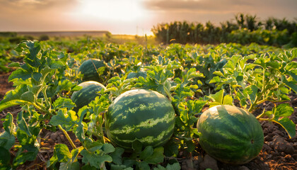 Wall Mural - Watermelons ripening in the field with sky sunrise