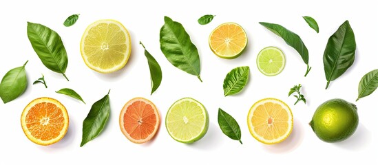 Aufkleber - Set of green leaves from various citrus fruits isolated on a white background with copy space image