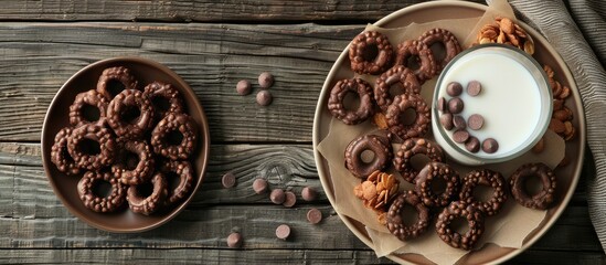 Aufkleber - Chocolate and corn cereal rings on a plate with milk set against a wooden rustic backdrop offering a blank space for images. Creative banner. Copyspace image