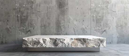 Fototapete - Sleek stone podium on a gray base with copy space for images ideal for showcasing products with available text space and a stone platform backdrop