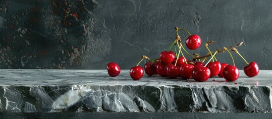Poster - Gray stone table with cherries copy space image