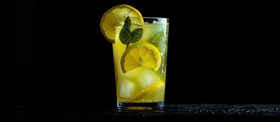 Aufkleber - Summer lemonade made with lemon mint and ice set against a black background with available copy space image