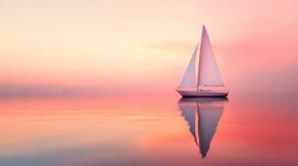 A lone sailboat gliding across the ocean at sunset, with the sky ablaze with fiery colors and a soft orange glow on the water.