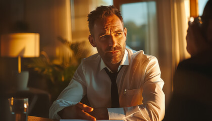 Canvas Print - A man is sitting at a desk with a stack of papers in front of him