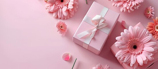 Poster - International Women s Day gift boxes featuring lovely rose and gerbera decorations on a pink background with copy space image