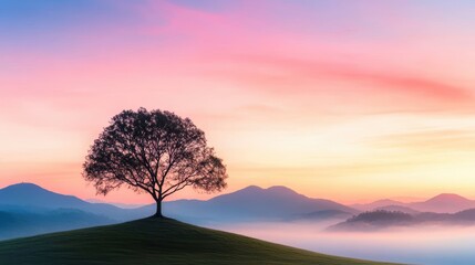 Wall Mural - A vibrant sunrise over a rolling landscape with mist rising from the valleys and a lone tree silhouetted in the foreground.