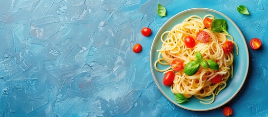Aufkleber - Plate with delicious pasta primavera on a blue backdrop complete with copy space image