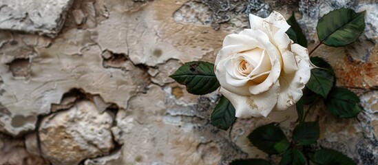 Canvas Print - Close up of a white rose against a rustic stone wall with copy space image on a nature background