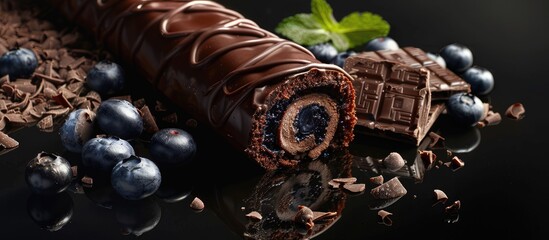 Poster - Chocolate roll cake with blueberries and a broken black chocolate bar on a reflective black surface perfect for adding text or images in the empty area. Creative banner. Copyspace image
