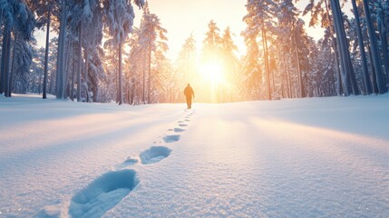 Wall Mural - A lone figure walking through a snowy forest with footprints marking the trail and a wintery sun illuminating the scene.