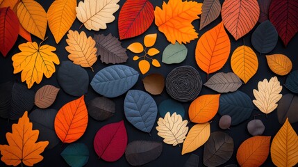 Wall Mural - A close up view of colorful autumn leaves with intricate patterns and textures against a backdrop of a fall forest.