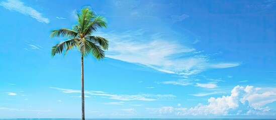 Sticker - A lone tall palm tree against a vibrant blue sky offers a tropical vacation backdrop with ample copy space image