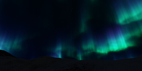 Wall Mural - a beautiful green and red aurora dancing over the hills. 3d render