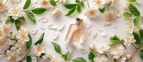 Sticker - White background with a fragrant perfume bottle and lovely jasmine flowers in a flat lay composition providing room for text in the copy space image