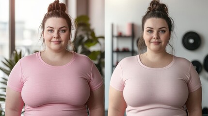 Overweight woman before and after gym session, happy expression