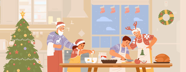 Grandparents with grandchildren making Christmas dinner in the kitchen flat vector illustration. Family preparing for Christmas celebration.