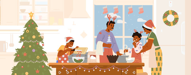 African American family in Santa hats and antlers making Christmas dinner in the kitchen flat vector illustration. Parents with children preparing for Christmas celebration. 