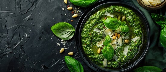 Aufkleber - On a black table there is a bowl of delicious pesto sauce with pine nuts cheese and basil providing a copy space image