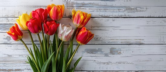 Canvas Print - Vibrant tulip bunch displayed on weathered white wooden backdrop Ideal for Easter themed visuals with room for text or images. Creative banner. Copyspace image