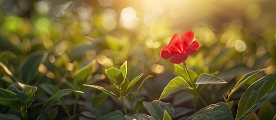 Aufkleber - Close up of a small red flower in sunlight with a copy space image set against a backdrop of lush green plants for an eco friendly wallpaper design