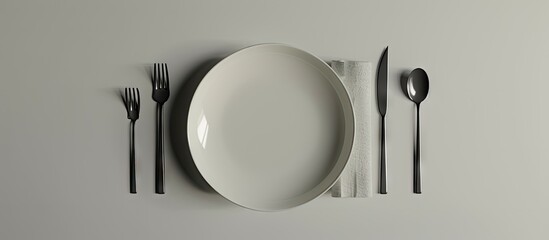 Poster - Table setting featuring an empty plate cutlery and napkin on a light background in a top view copy space image