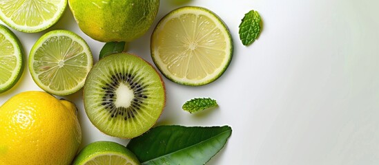 Aufkleber - Kiwi and lime fruits creatively arranged with a lemon in a top down view illustrating a concept with ample copy space for text or design