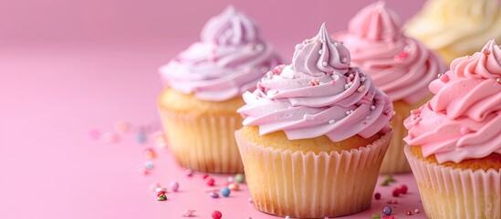 Aufkleber - Cupcakes with intricate decorations on a pink backdrop perfect for a gender reveal party with copy space image