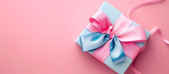 Aufkleber - A colorful bow adorns a lovely gift box set on a pink backdrop in a top down view providing ample space for text alongside the image