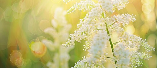 Fototapete - Filipendula ulmaria flower plant in white bloom in meadow or field ideal for a close up botanical copy space image of summer natural beauty and floral background also used in herbal medicine