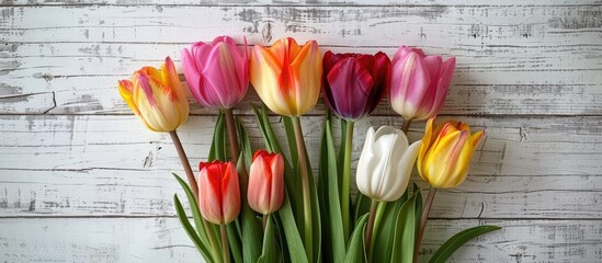 Aufkleber - vibrant tulip bunch displayed on weathered white wooden backdrop ideal for easter themed visuals wit