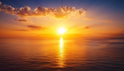 sun setting below a calm ocean horizon golden sky reflective water rich clouds slight lens flare dreamy atmosphere