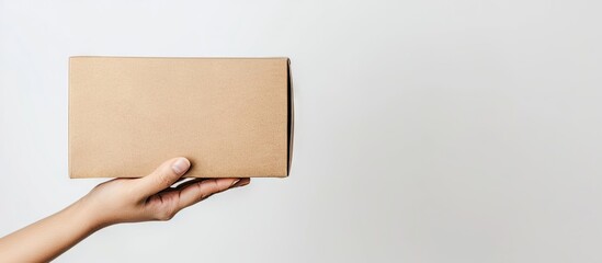 Poster - A picture of a hand holding a brown paper box with a plain white background conveying a delivery or shipping idea with ample copy space image included