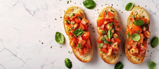 Poster - Top down view of cheesy bruschetta with tomatoes and basil on a white tiled surface allowing for copy space image