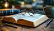 © Nawarit - Book lying open on a wooden desk, with a pen and reading glasses nearby, Scholarly, Warm, Detailed