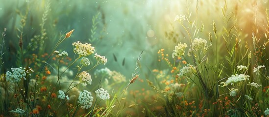 Poster - Summer nature with blooming white flowers in wild meadows mixed with grasses and wildflowers under sunlight forms a vibrant meadow of medicinal herbs and flowering plants It s a summer floral backdro
