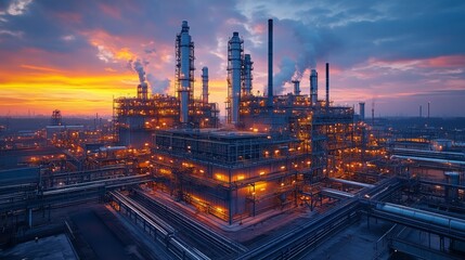 Wall Mural - A hybrid carbon capture system captures emissions at dusk, with smoke rising from tall chimneys against a vibrant sky.