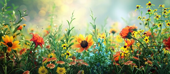 Fototapete - A vibrant garden filled with various summer flowers creating a scenic background with a focus on a single flower in a close up view in the center perfect as a copy space image