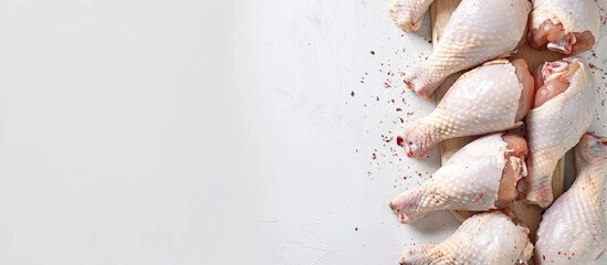 Top view of raw poultry drumsticks on a butcher board against a white background with space for text or graphics copy space image