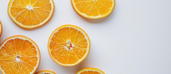 Poster - Fresh orange slices artfully displayed on a pristine white backdrop with copy space image