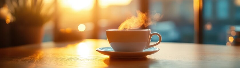 Coffee cup on a table in a cozy cafe, with steam rising and soft lighting, Cozy, Warm, Detailed