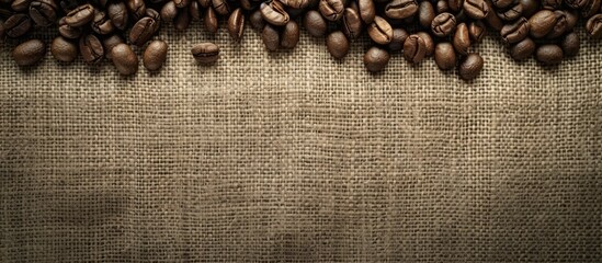 Poster - A textured surface of roasted coffee beans on a brown linen fabric backdrop is set as a flat lay with copy space image visible from a top view