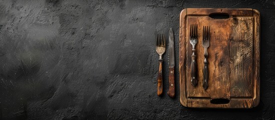 Wall Mural - A rustic wooden cutting board sits on a dark concrete backdrop with cutlery ready for dinner prep allowing for creative copy space image