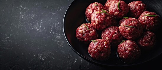 Poster - Food preparation featuring raw ground beef meatballs in a black bowl with copy space image