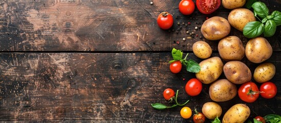 Canvas Print - Fresh potato appetizer on a rustic table with copy space image for a top view food background