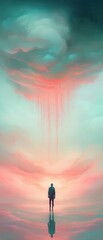 Wall Mural - A man stands in front of a large pink and blue cloud