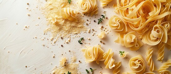 Aufkleber - Light background enhances the composition with various uncooked pastas and thyme offering copy space image