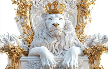 The graceful lion, royalty, is dressed in a luxury dress costume. Close up portrait of the lion, with its throne and crown, isolated on a white background.