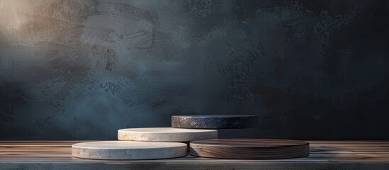Leinwandbilder - Variety of podiums displayed on a wooden table for product photography with copy space image