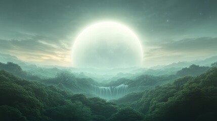 Wall Mural - a large white moon is in the sky above a lush green forest
