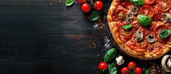 Aufkleber - Delicious pizza with basil mushrooms and tomato on a black wooden table Flat lay composition with copy space image